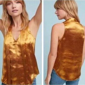 ANTHROPOLOGIE Maeve Salina Metallic Gold Tie Neck Blouse